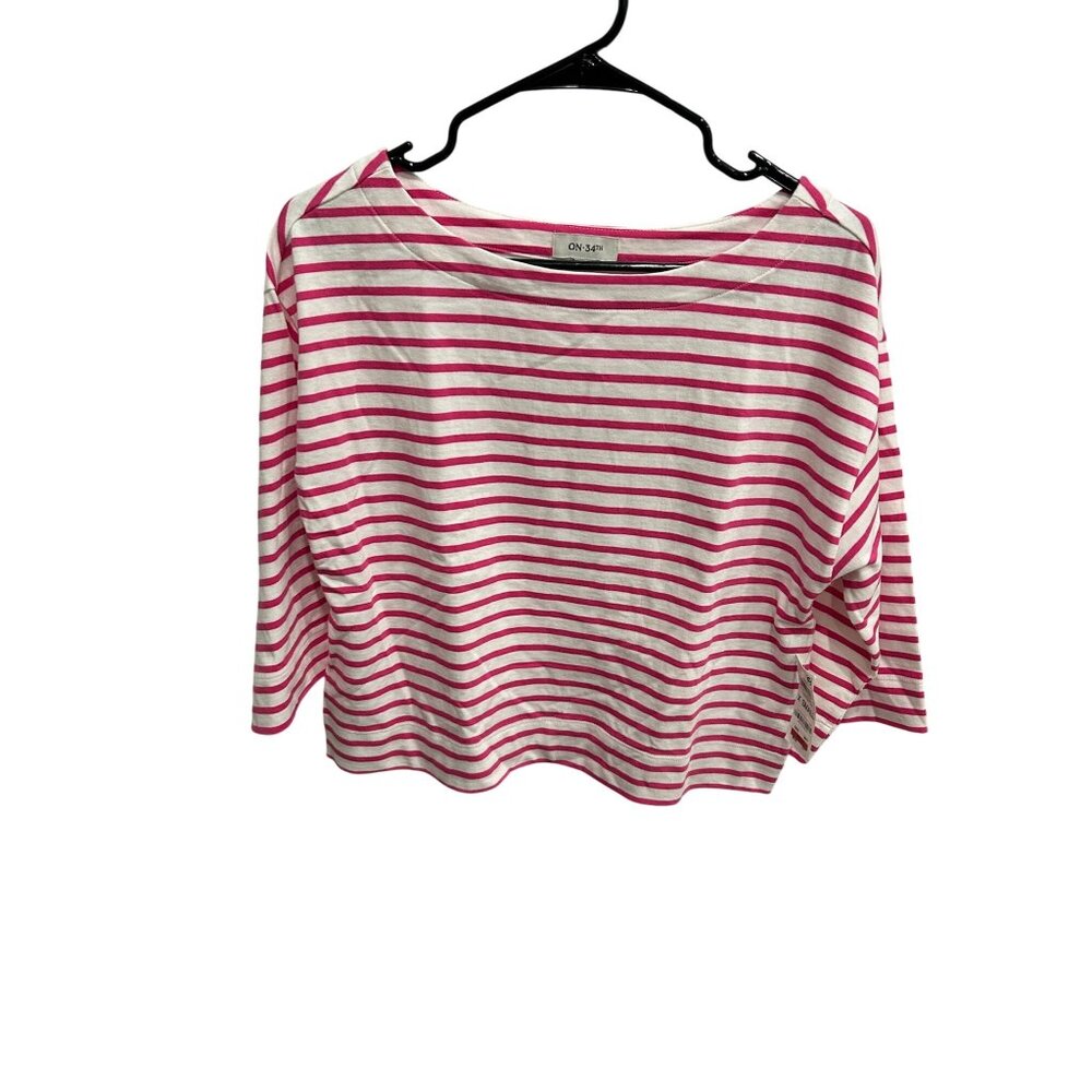 On 34th Striped 3/4 Sleeve Boat Neck Top Pink White Sz XS Cotton Essentials